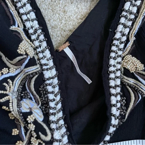 Free People Crazy For Love Dress Black Embroidered Beaded V-Neck Women’s Small - Picture 5 of 10